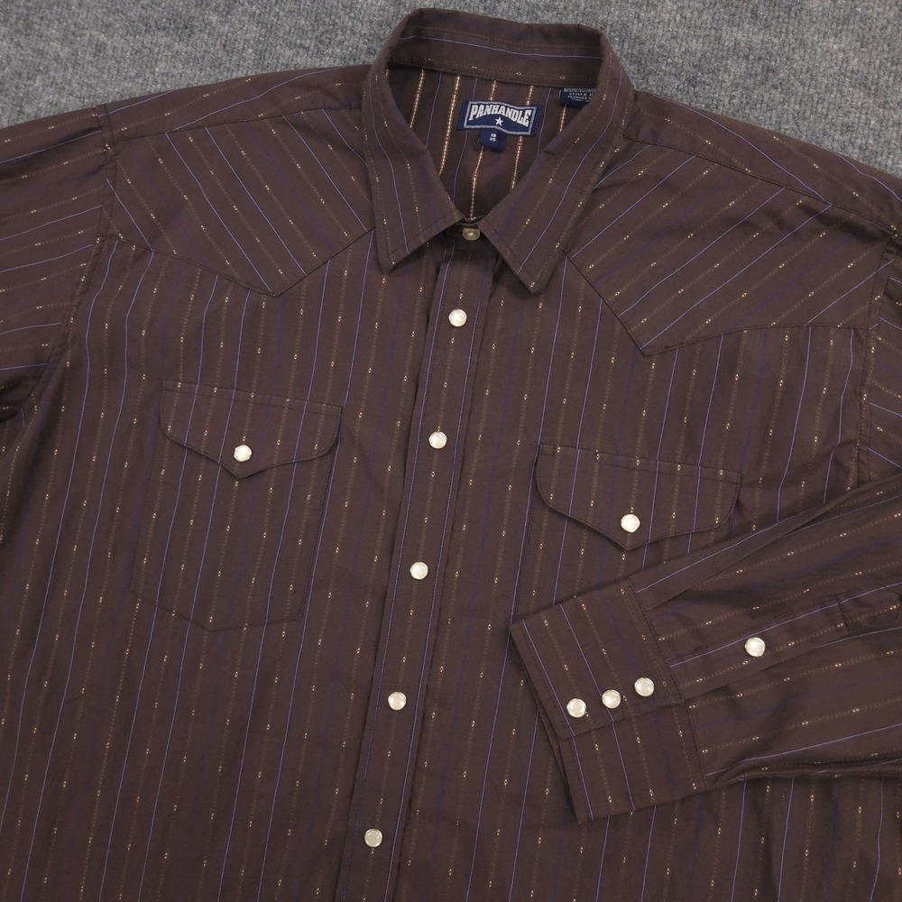 Panhandle Western Shirt Mens XL 18 35 Brown Striped Pearl Snap Polyester Blend